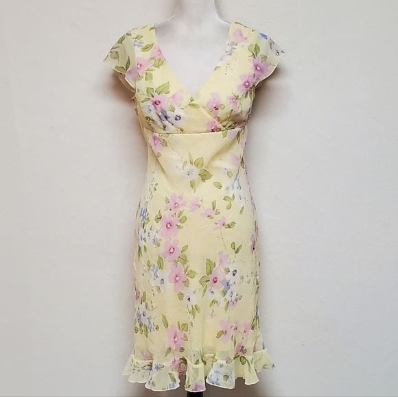 Vintage City Triangles Yellow Pink Floral Ruffle Flutter Sleeve Chiffon Dress M - Picture 4 of 14